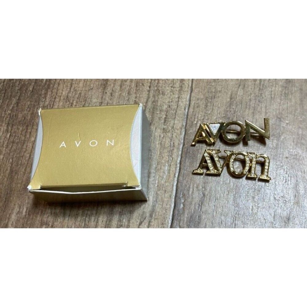 Avon Pins set of 2 Gold Color Spell Out Avon Vintage